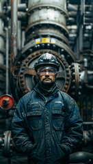 Resilient Engineer in Heavy Gear Standing Strong Amidst Industrial Machinery 