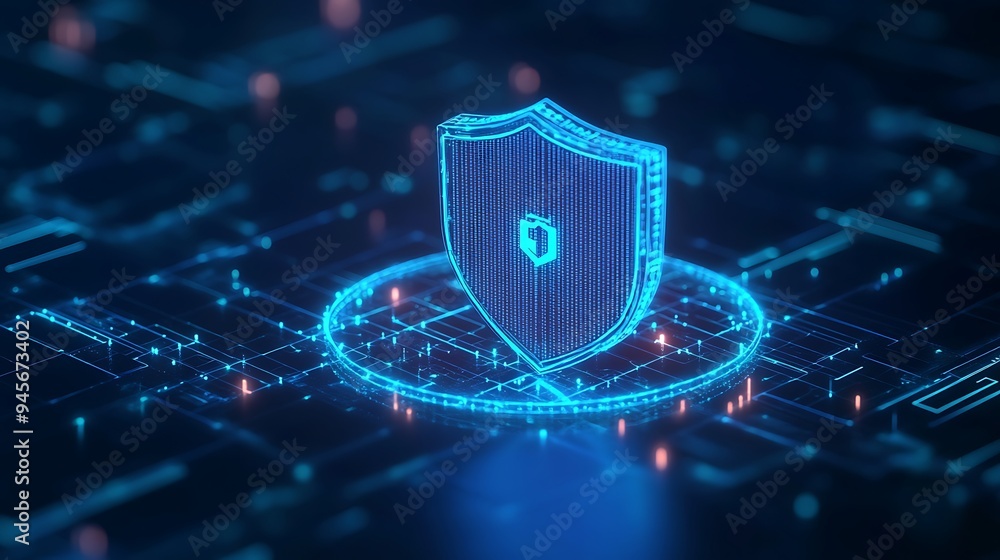 Poster futuristic cybersecurity concept with a digital shield protecting data on a virtual network. modern 