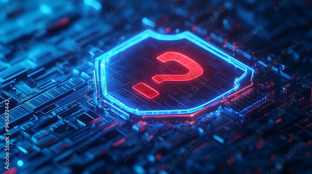 Poster futuristic cybersecurity concept with a glowing red question mark on a blue digital circuit board, s