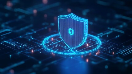 Futuristic cybersecurity concept with a digital shield protecting data on a virtual network. Modern data protection technology illustration.