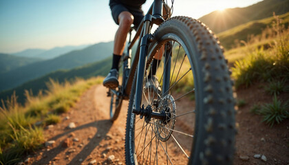 Mountain biker ride down from hill. Close up wheel image. Active and sport leisure concept
