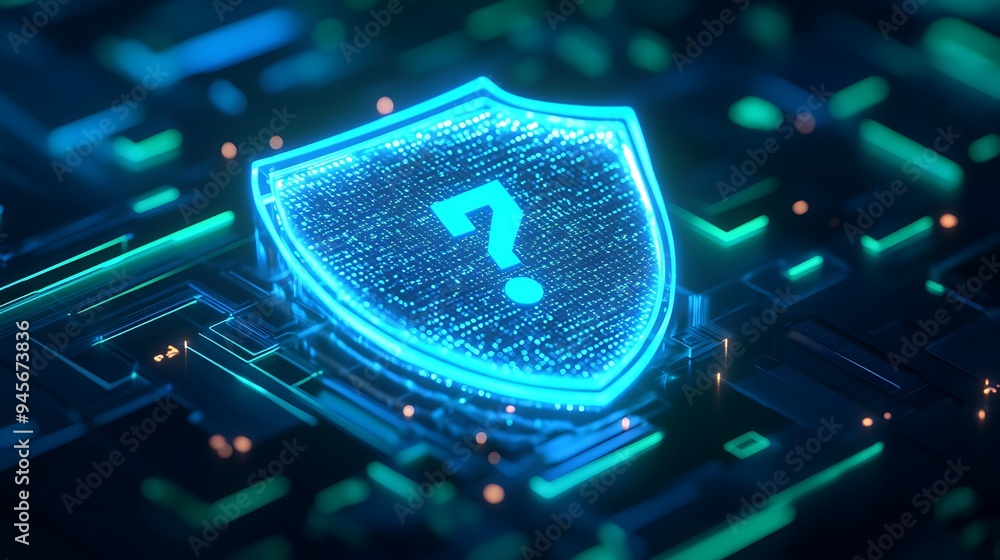 Poster futuristic cybersecurity concept with a glowing shield icon featuring a question mark on a digital b