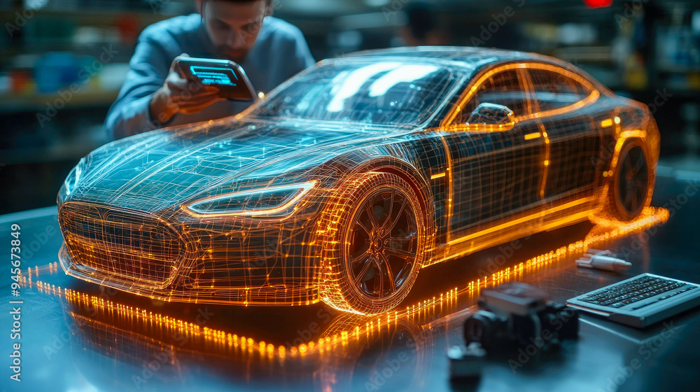 Poster engineer interacting with a holographic car model in a high-tech digital environment