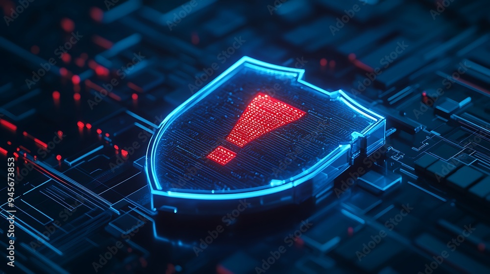 Poster futuristic cybersecurity illustration with glowing shield and exclamation mark symbolizing digital s