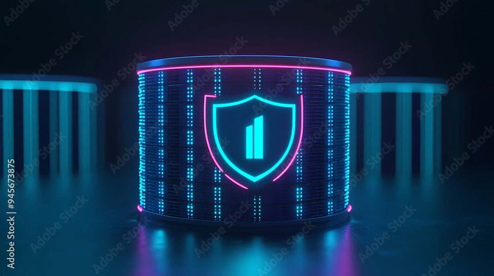 Poster futuristic data center with neon cybersecurity elements and a shield symbol representing protection 