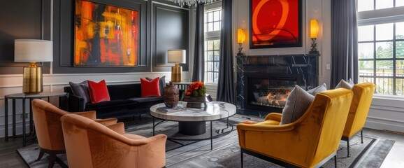 Living room with fireplace and stylish decor.