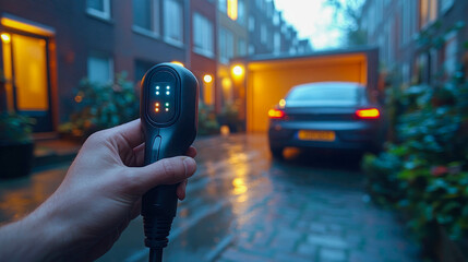 Electric vehicle being charged in a bustling urban environment on a rainy day