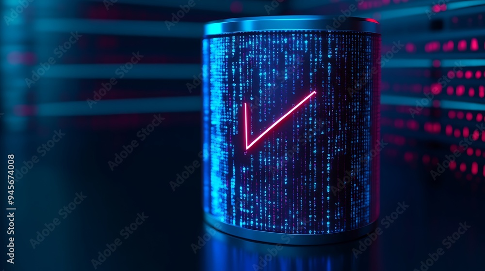 Poster futuristic data server with neon lights and binary code in a dark data center, representing technolo