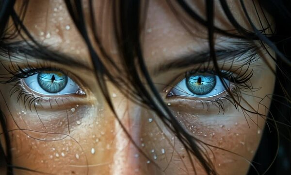 A mesmerizing close-up reveals a young person&rsquo;s deep blue eyes, sparkling with life. Water droplets cling to sun-kissed skin, capturing the essence of summer joy and beauty