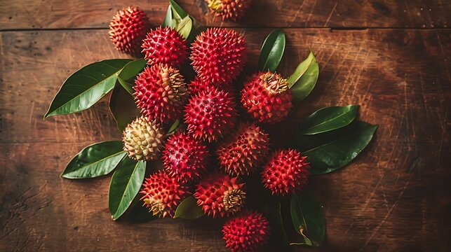 A small pile of pulasan fruits showcasing their exotic red color and spiky texture, placed on a rustic wooden surface with green leaves for freshness