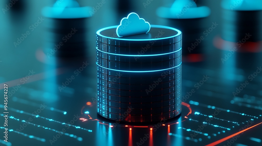 Poster futuristic data storage concept with glowing cloud icon on server in modern tech environment, repres