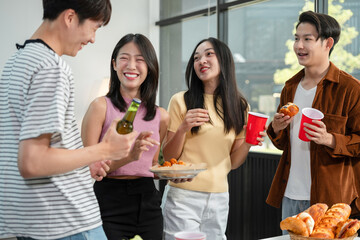 dinner and group of people toast celebration together at party. Friends, happy and celebrate with food, wine and friendship for love, support and cheers champagne at function.