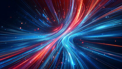 Obraz premium Abstract digital artwork featuring vibrant blue and red light trails swirling against a dark background with glowing dots that add depth and dimension to the design