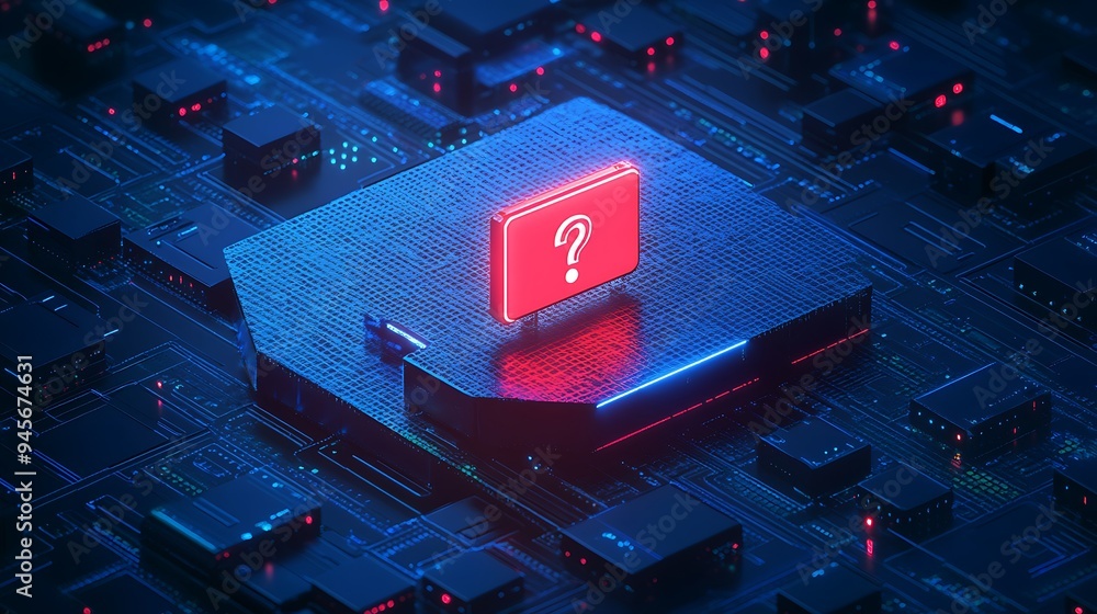 Poster futuristic digital circuit board with a glowing question mark icon, representing uncertainty in tech