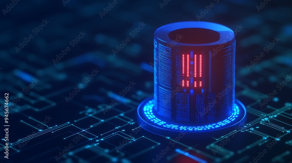 Poster futuristic data storage server with glowing lights and circuits representing advanced technology and
