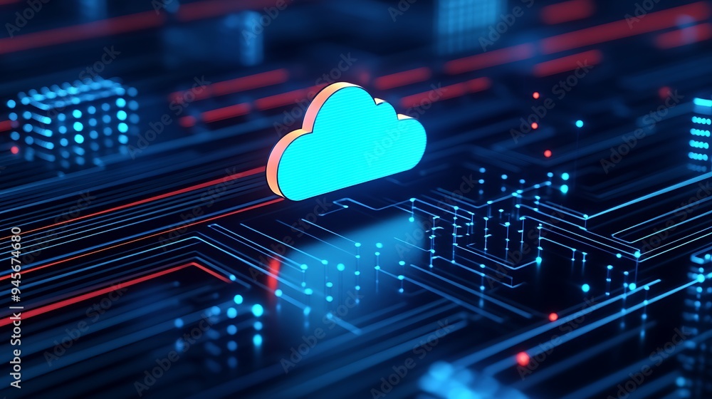Poster futuristic digital cloud computing network represented by glowing neon cloud icon on a dark abstract