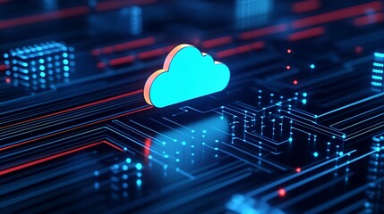 Futuristic digital cloud computing network represented by glowing neon cloud icon on a dark abstract technological background.