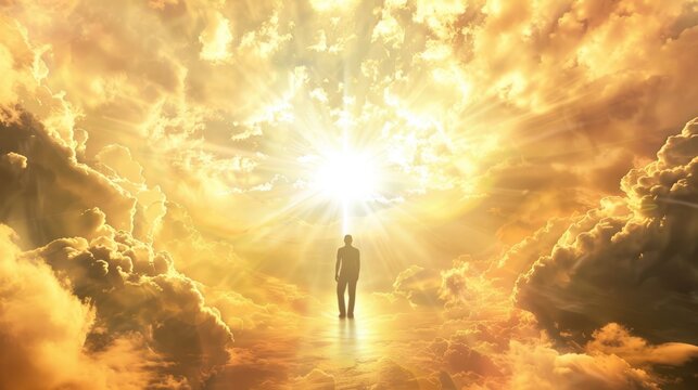 A solitary figure walks toward a radiant light emanating from the heavens, symbolizing hope, faith, and the pursuit of spiritual enlightenment.
