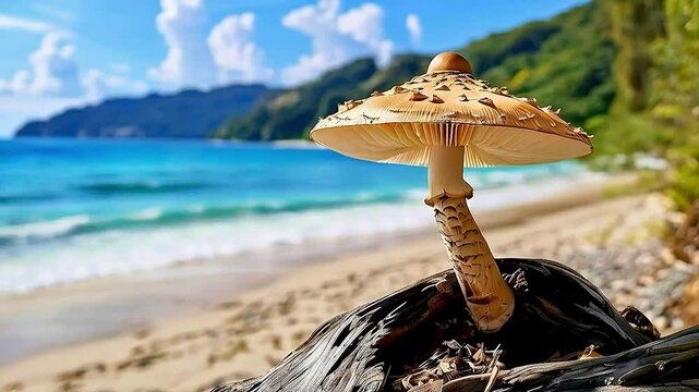 a mushroom on a beach