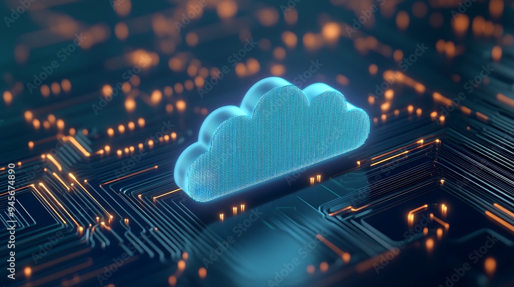 Poster futuristic digital cloud icon on a circuit board background, illustrating cloud computing technology