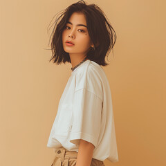 Stylish Asian Model Posing Sideways with Effortless Confidence in Minimalist Fashion
