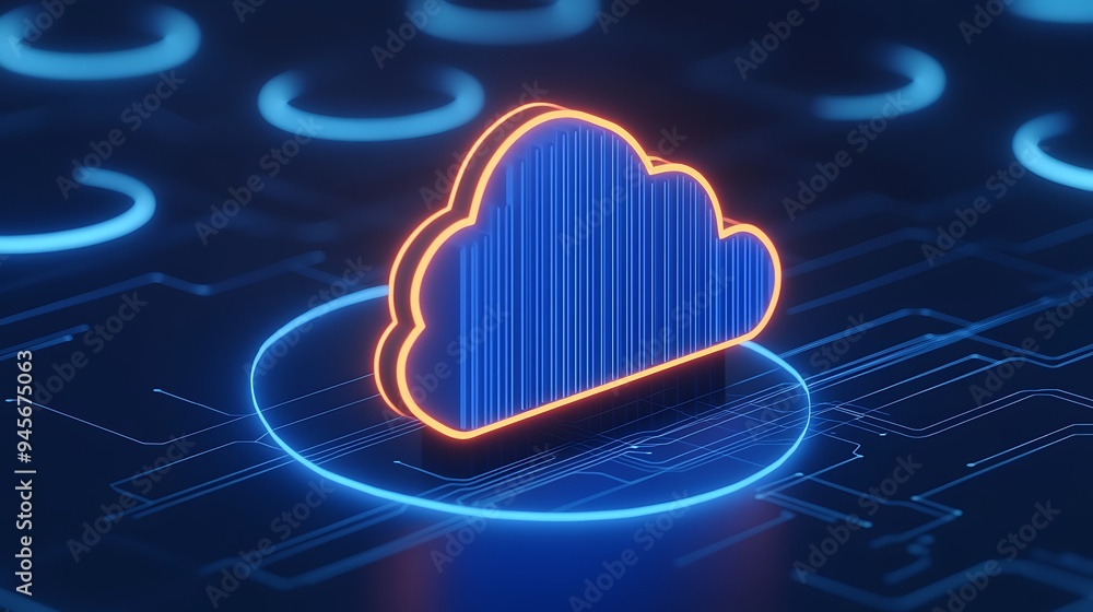 Poster futuristic digital cloud technology concept with glowing elements, representing data storage and clo