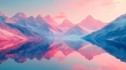 Obraz premium Snow-capped mountains reflecting in a tranquil lake under a soft pink and blue sky create a serene, dreamlike atmosphere ideal for travel, nature, or relaxation-themed projects and articles,