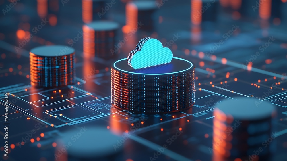 Poster futuristic digital concept featuring cloud computing with data servers and circuits, highlighting mo