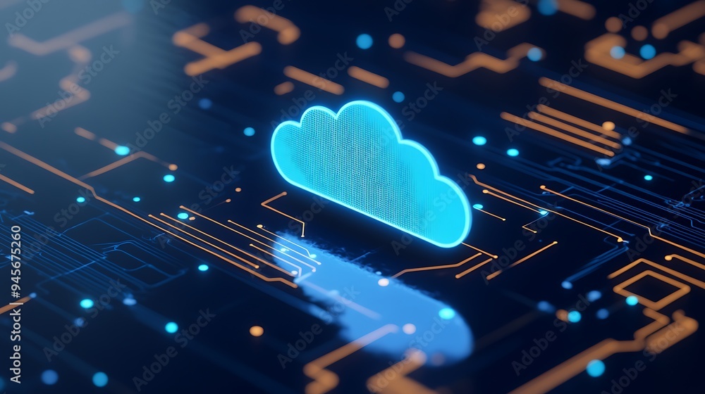 Poster futuristic digital concept of cloud computing technology with holographic cloud symbol connected by 
