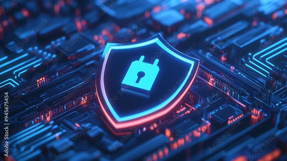 Poster futuristic digital cybersecurity concept with glowing blue and red shield icon on a circuit board ba