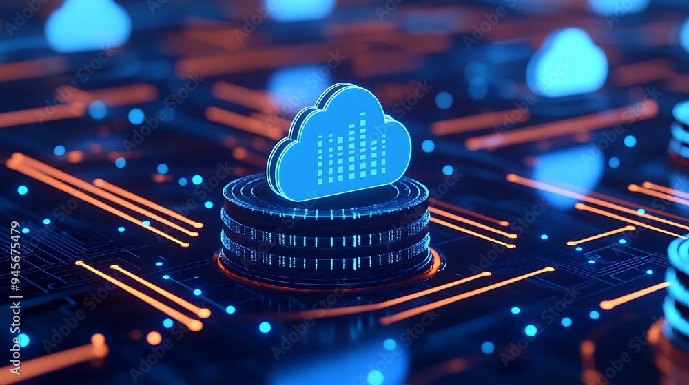 Poster futuristic digital concept showcasing a cloud computing network with data storage and processing dep