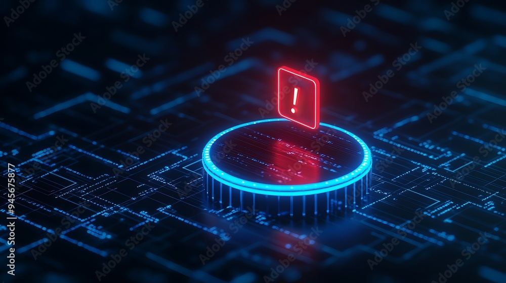 Poster futuristic digital interface with glowing red warning sign, depicting cybersecurity alert in a high-