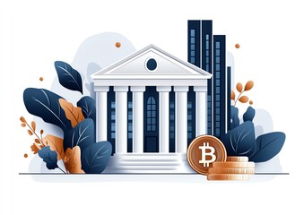 A modern bank building with cryptocurrency symbols showcasing finance innovation and digital currency development.