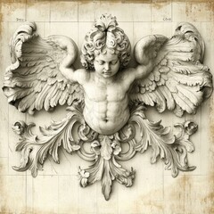 An intricately carved stone cherub with wings spread wide, set against an antique, distressed background ideal for historical, art, and classical-themed projects, websites, and decor concepts,