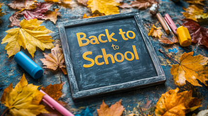 Back to school concept with a chalkboard surrounded by colorful autumn leaves and school supplies evoking the season of learning