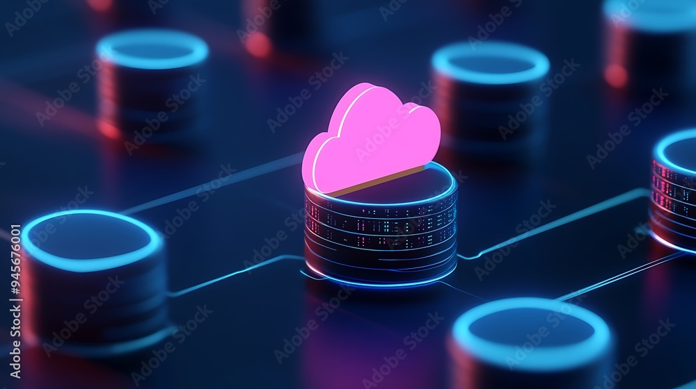 Poster futuristic digital illustration of cloud computing, data storage, and network technology with glowin