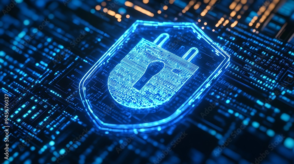 Poster futuristic digital lock symbol for cybersecurity, data protection, and internet security on an abstr
