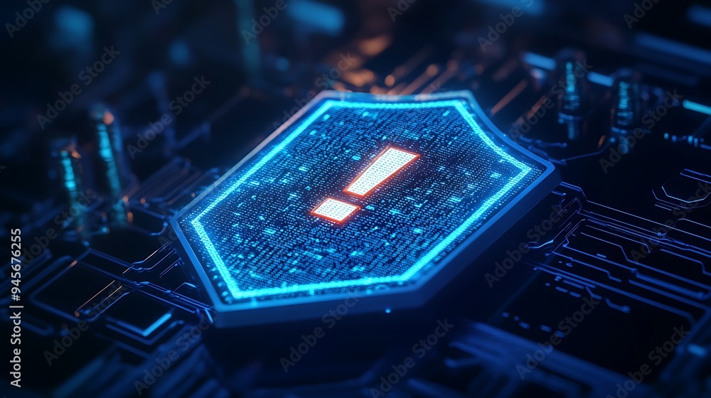 Poster futuristic digital security alert with an exclamation mark on a glowing circuit board, representing 