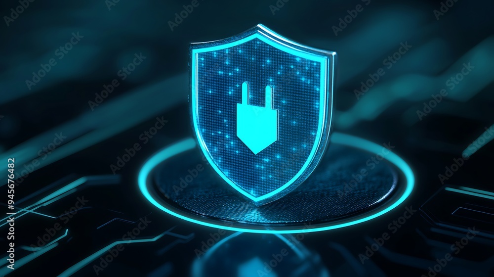 Poster futuristic digital security shield icon on a glowing circuit board, representing cyber protection an