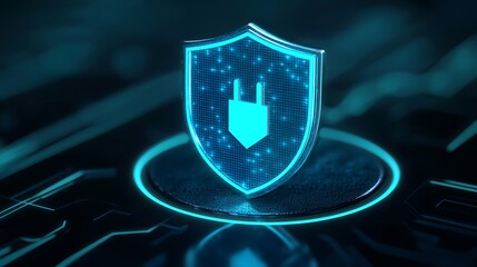 Futuristic digital security shield icon on a glowing circuit board, representing cyber protection and technology integration.