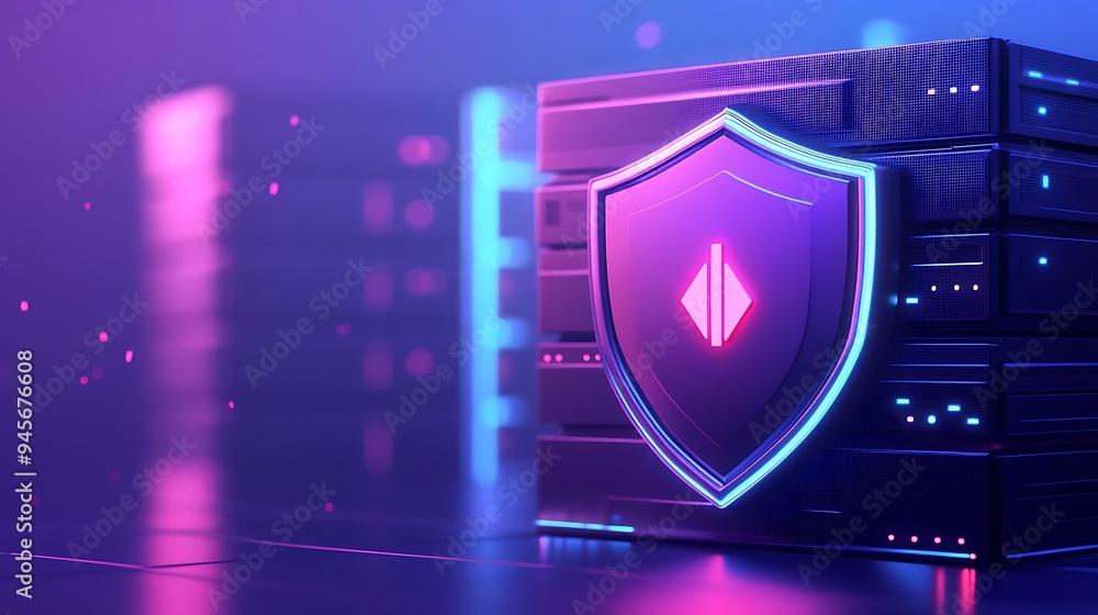 Aufkleber futuristic digital server with a glowing shield icon representing cyber security and data protection
