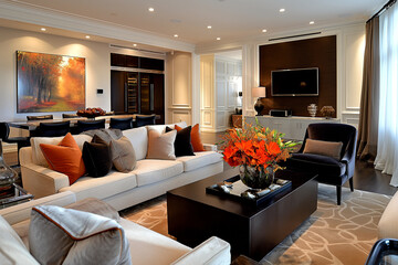 Fototapeta premium A living room with a white couch, a black chair, and a black coffee table