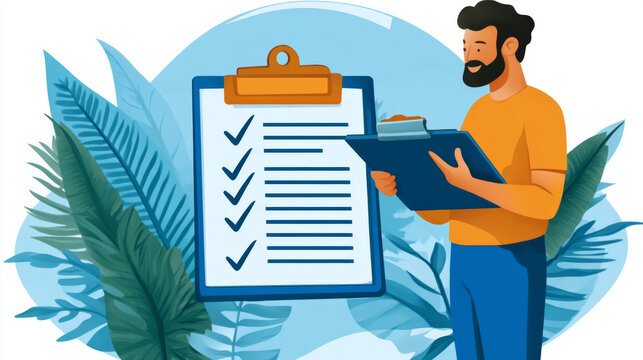 Project manager checking giant checklist on clipboard with tropical leaves in background