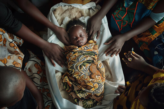 A baby is wrapped in a blanket and surrounded by people