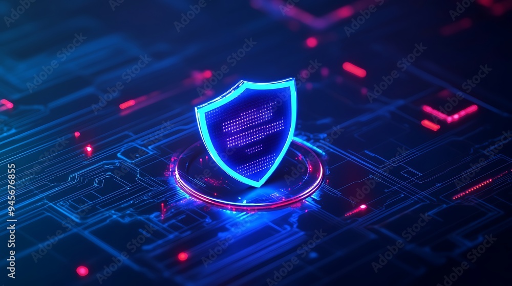 Poster futuristic digital shield icon representing cybersecurity and data protection in a high-tech circuit