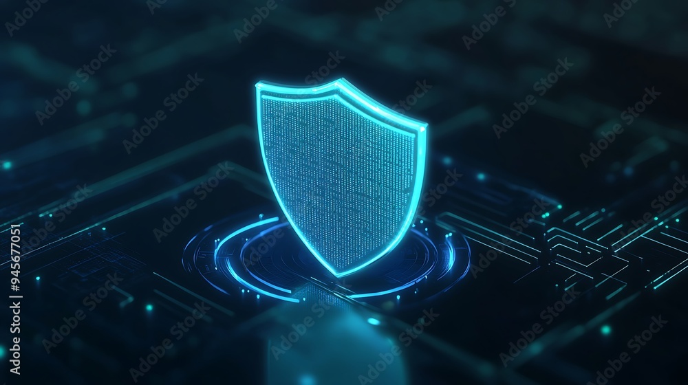 Poster futuristic digital shield icon symbolizing cybersecurity and data protection in a high-tech virtual 