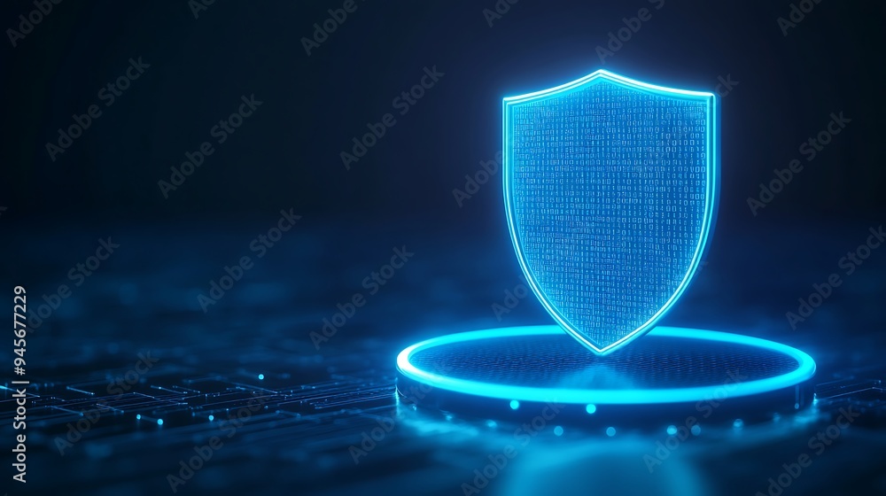 Poster futuristic digital shield representing cybersecurity and data protection in a high-tech, virtual env