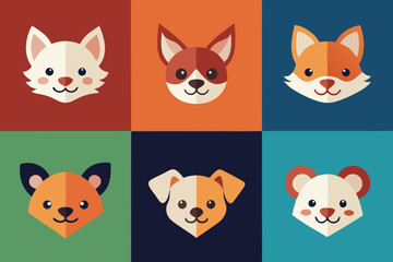 6 adorable animal head logos rabbit cat dog vector illustration  