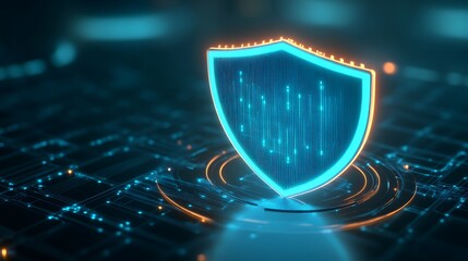 Futuristic digital shield represents cybersecurity and data protection in a high-tech environment. Ideal for technology and security themes.