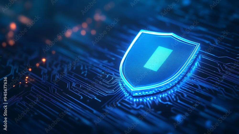 Poster futuristic digital shield symbolizing cybersecurity protection and digital data safety on a microchi